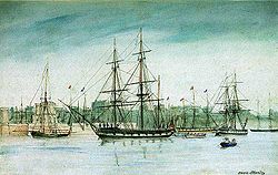 Die HMS Beagle auf einem Aquarell von Owen Stanley (1841)