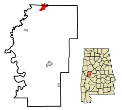 Hale County Alabama Incorporated and Unincorporated areas Moundville Highlighted.svg