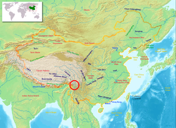 The Three Parallel Rivers of Yunnan Protected area indicated by the red circle