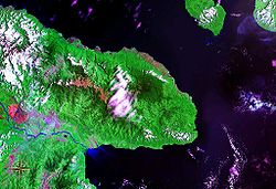 Die Huon-Halbinsel aus dem Weltall betrachtet (Falschfarbendarstellung)