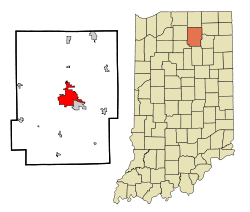 Kosciusko County Indiana Incorporated and Unincorporated areas Warsaw Highlighted.svg