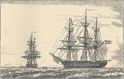 Linienschiff Christian VIII vor Anker (rechts) mit Gefion während der Beschießung der Strandbatterien