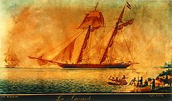 Zeitgenössische Darstellung von La Amistad mit der USS Washington vor Long Island (New York) 1839