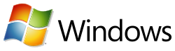 Das neue Windowslogo im Design von Windows Vista und höher: links das stilisierte Windows-„Fenster“, bestehend aus einem mit Abstandslinien geviertelten Quadrat, die vier Flächen in den Farben Rot, Grün, Blau und Gelb gehalten, vertikale Linien gerade nach rechts geneigt, Horizontallinien als „wehende“ Wellenlinie mit zur Mitte hin aufhellendem Verlauf („blendendes Fensterkreuz“); rechts daneben der serifenlose Schriftzug „Windows“