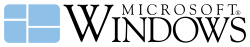 Logo: ein hellblauer stilisierter Bildschirm (abgerundete Ecken), links der Mitte mit einer vertikalen Abstandslinie geteilt, beide Hälften mit horizontalen Abstandslinien in unterschiedlich große Rechtecke geviertelt (linke Hälfte oberhalb der Mitte, rechte Hälfte unterhalb), rechts daneben in gleicher Höhe der Schriftzug "Windows" in serifenbetonter Schrift (Kapitälchen-Stil) und über den Kleinbuchstaben der Schriftzug "Microsoft (R)" (und Urheberrechts-"R" über dem "s" von Windows)