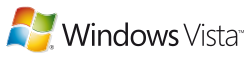 Versionslogo: links das Windows-„Fenster“ im Design von Windows XP, jedoch zur Mitte hin aufhellender Verlauf („blendendes“ Fensterkreuz); rechts daneben der Schriftzug „Windows Vista (TM)“ in serifenloser Schrift („Windows“ fett, jedoch ganzer Schriftzug in dünn gehaltenen Linien)