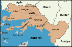 Lage der Datça-Halbinsel (İstanköy: Kos; İncirli: Nisyros; Sömbeki: Symi)