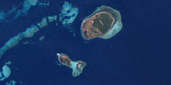 Landsat-Bild der Murray-Inseln:Dowar Island Bildmitte, unten, links.