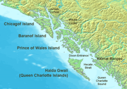 Die Küste im Nordwesten Amerikas – Dixon Entrance befindet sich etwa in der Mitte