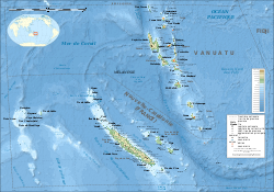 Karte von Neukaledonien und Vanuatu, die Matthew- und Hunterinseln im äußersten Südosten