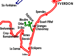 Strecke der Chemin de fer Orbe-Chavornay