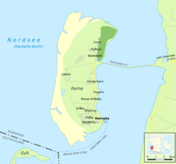 Karte von Rømø mit eingezeichneten Orten