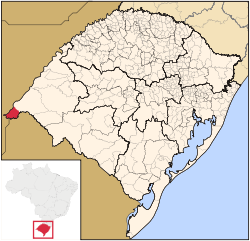 Lage der Gemeinde Barra do Quaraí im brasilianischen Bundesstaat Rio Grande do Sul, mit der Isla Brasilera am westlichsten Ende
