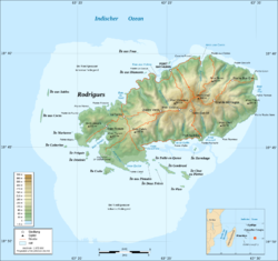 Topografische Karte von Rodrigues mit Frégate im Südwesten