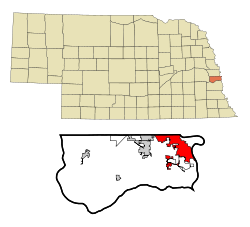 Sarpy County Nebraska Incorporated and Unincorporated areas Bellevue Highlighted.svg
