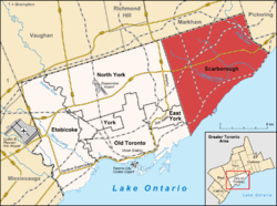 Lage von Scarborough (rot) in Toronto