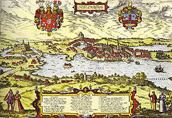 Historische Ansicht der Stadt Schleswig mit der Möweninsel (zwischen 1572 und 1618)