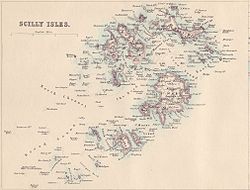 Scilly-Inseln auf historischer Karte von 1874. Bishop Rock liegt im äußersten Südwesten