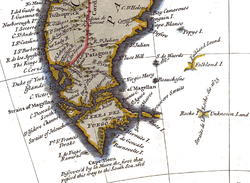 Karte von 1744 mit Beauchene Island(viel zu weit westlich)