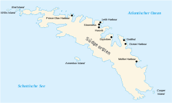 Lage von Thatcher Peninsula im Norden von Südgeorgien mit Grytviken an seiner Ostküste