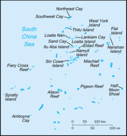 Karte der Spratly-Inseln, mittig das Mischief-Riff