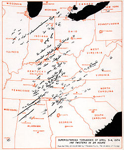 Darstellung der Tornadostrecken Super Outbreak