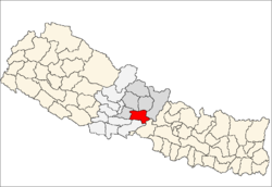 Lage des Distriktes Tanahu (rot) in Nepal, die Verwaltungszone Gandaki ist dunkelgrau markiert.
