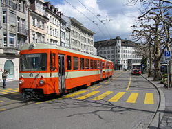 BDe 4/8 der Trogenerbahn am Marktplatz in St. Gallen