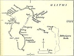 Die Karte zeigt die Inseln Pau und Losiep der Turtle Islands zwischen dem Ulithi-Atoll im Westen und der Zohhoiiyoru Bank im Osten.