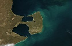 Satellitenfoto der Halbinsel Valdés mit den Buchten Golfo San José im Norden und Golfo Nuevo im Süden