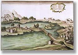 Das Bild von etwa 1770 zeigt den Steg über die sehr kleine Jakobsinsel zur Insel Wörth