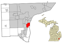 Wayne County Michigan Incorporated and Unincorporated areas Wyandotte highlighted.svg