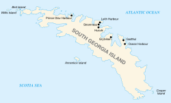 Karte von Südgeorgien, auf der die Willisinseln oben links zu erkennen sind