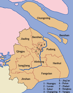 Flusslauf des Huangpu durch die Bezirke Shanghais
