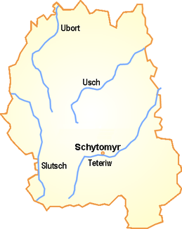 Lage der Quellgebiete von Flüssen in der Oblast Schytomyr