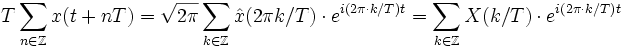 T\sum_{n\in\mathbb Z}x(t+nT)
  =\sqrt{2\pi}\sum_{k\in\mathbb Z}\hat x(2\pi k/T)\cdot e^{i(2\pi\cdot k/T)t}
  =\sum_{k\in\mathbb Z}X(k/T)\cdot e^{i(2\pi\cdot k/T)t}

