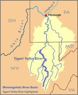 Karte des Einzugsgebietes des Monongahela River, der Tygart Valley River ist hervorgehoben.