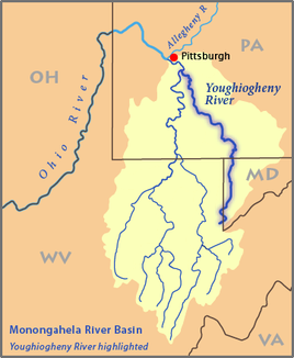 Karte des Einzugsgebietes des Monongahela River, der Fluss ist hervorgehoben.
