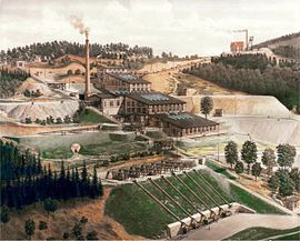 Ehemalige Aufbereitungsanlage der Grube Lüderich mit Hauptschacht (oben rechts), Aquarell von Wilhelm Scheiner 1897