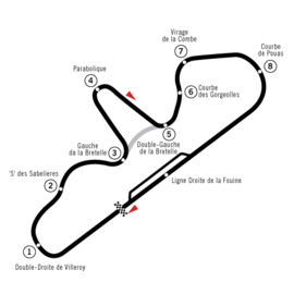 Der 1975 verlängerte Circuit de Dijon-Prenois (der alte Streckenteil ist grau gezeichnet)