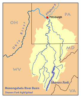 Einzugsgebiet des Monongahela Rivers, Shavers Fork hervorgehoben.
