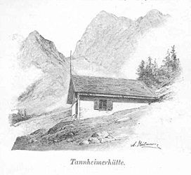 Die ursprüngliche Hütte im Jahr 1893 (Von Südosten, dahinter der Gimpel)
