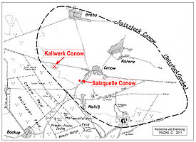 Lage des Alt-Kalischachtes Conow sowie der Salzquelle Conow