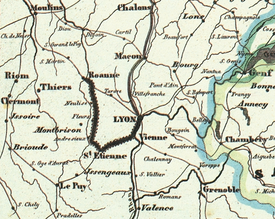Streckenkette Lyon–Saint-Étienne–Andrézieux–Roanne(seit 1833) und projektierte Strecke Chalons–Lyon 1849