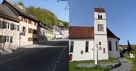 Strasse in Flüh und Kirche von Hofstetten