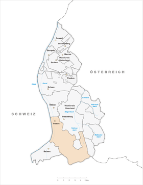 Lage der Gemeinde Triesen  im Fürstentum Liechtenstein (anklickbare Karte)