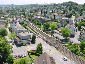 Bahnhof und Dorf vom Kirchturm aus