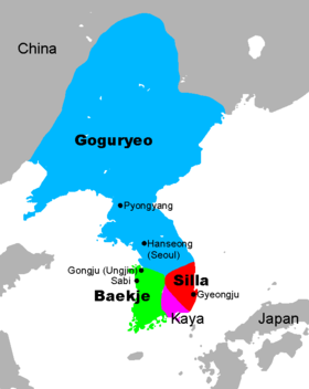 Karte der vier Reiche auf der koreanischen Halbinsel am Ende des 5. Jahrhunderts