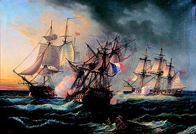 Amazon (rechts) und Indefatigable (links) im Gefecht mit Droits de l'Homme (mitte), Gemälde von Léopold Le Guen (1853)