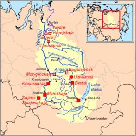 Lage des Stausees (Mainskaja) im Jenissei-Einzugsgebiet